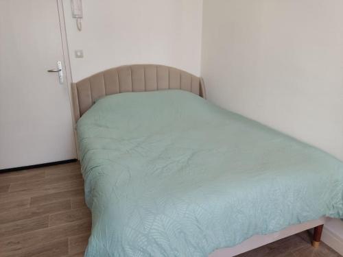 - une chambre avec un lit doté d'un couvre-lit vert dans l'établissement LE 3, wifi, parking, centre, à Châteauroux