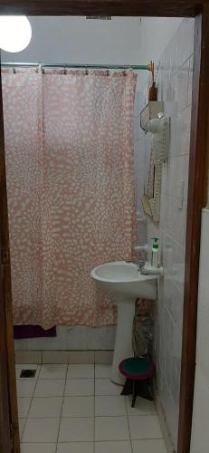 a bathroom with a sink and a shower curtain at Vintage Viedma in Viedma