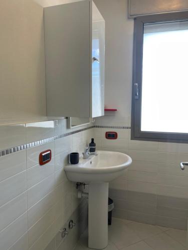 a bathroom with a white sink and a mirror at Borgo DiVino in Alba