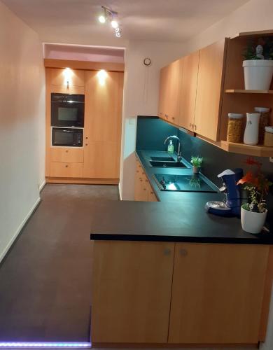 une cuisine avec un comptoir noir et des placards en bois dans l'établissement Lyon Fête des Lumières, Séjournez près du Parc de la Tête d'Or, à Villeurbanne