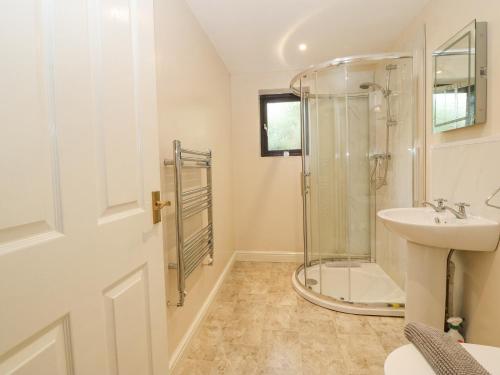 La salle de bains est pourvue d'une douche et d'un lavabo. dans l'établissement Y Stabl, à Llanrwst