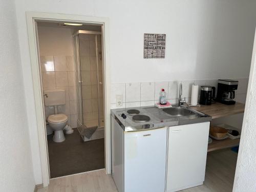 uma pequena cozinha com um lavatório e um WC em Waterkant em Lübz