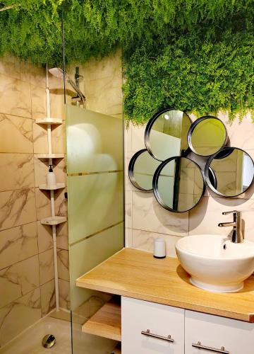 une salle de bain avec un lavabo et un miroir dans l'établissement CASA MIA 25m2 centre ville et panier, à Marseille