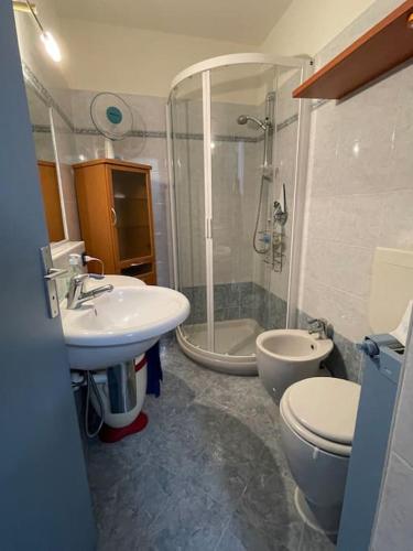 une salle de bain avec un lavabo, des toilettes et une douche dans l'établissement Studio front mer, Résidence piscine (privée), à Roquebrune-Cap-Martin