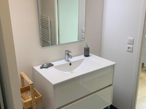 une salle de bain avec un lavabo blanc et un miroir dans l'établissement Studio Neuf Proche Plage avec Commodités et Parking - Fort-Mahon-Plage - FR-1-482-142, à Fort-Mahon-Plage