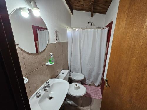 a bathroom with a sink and a mirror and a toilet at Dpto BBB in Zapala