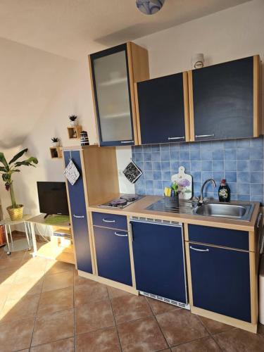 a kitchen with blue cabinets and a sink at Haus Lebensart Bansin in Neu Sallenthin
