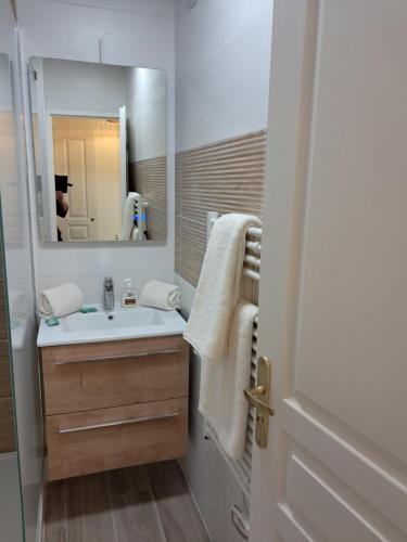 une salle de bain avec un lavabo et un miroir dans l'établissement 2 pièces avec piscine chauffée, à Deauville