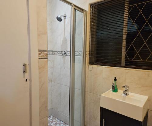 a bathroom with a shower with a sink and a shower at The Royal Guest Lodge in Johannesburg