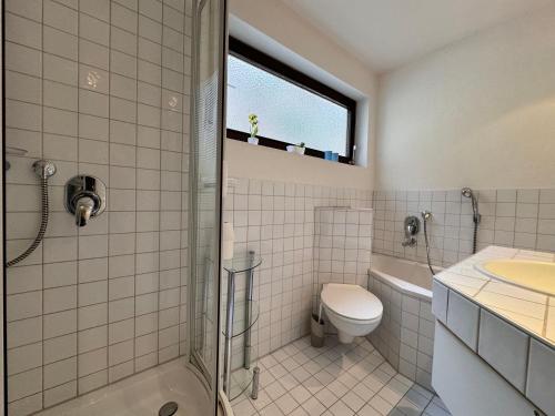 a bathroom with a shower and a toilet and a sink at La Terrasse in Sipplingen