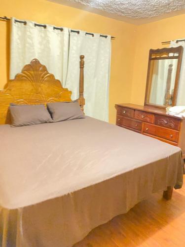 - une chambre avec un lit, une commode et un miroir dans l'établissement Pinevalley Rental Suites 2b ONE BEDROOM, à Mandeville