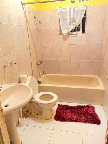 La salle de bains est pourvue de toilettes, d'un lavabo et d'une baignoire. dans l'établissement Pinevalley Rental Suites 2b ONE BEDROOM, à Mandeville