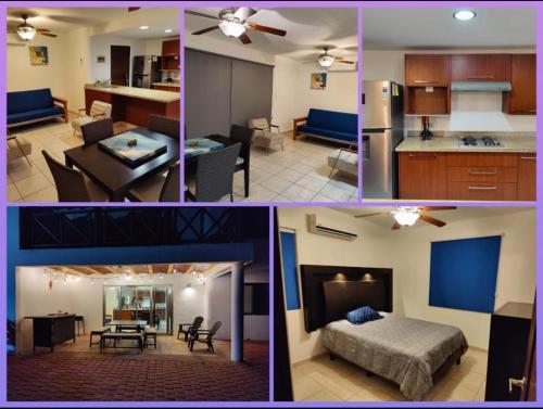 a collage of pictures of a kitchen and a living room at Departamento Brisas del Mar Nuevo Altata in Altata