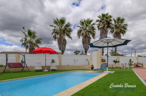 a swimming pool with an umbrella and palm trees at Casinha Branca in Fundão