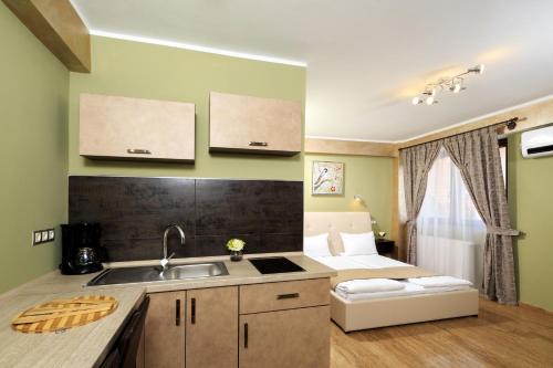 eine Küche mit einem Waschbecken und ein Bett in einem Zimmer in der Unterkunft Style Residence in Sibiu