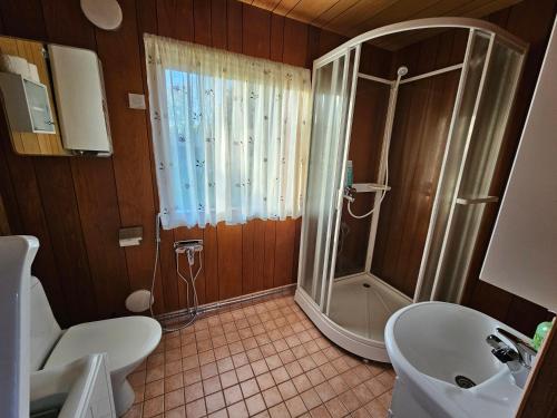 a bathroom with a shower and a sink at Sandmo Holiday Home 11 in Eckerö