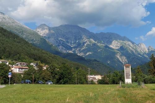a grassy field with mountains in the background at The only Traditional Resian Home in Giulie Alps in Stolvizza