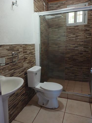 a bathroom with a toilet and a shower and a sink at Hotel Cabañas Casita La Ermita in San Carlos