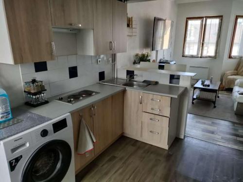 une cuisine avec une machine à laver et un lave-linge dans l'établissement Appartement proche plage, à Ouistreham