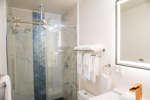 La salle de bains est pourvue d'une douche, de toilettes et d'un lavabo. dans l'établissement Pacific Crest Hotel Santa Barbara, à Santa Barbara