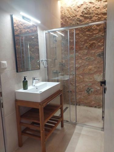 a bathroom with a sink and a shower at Elaion Apartments in Kántanos