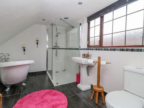 a bathroom with a sink toilet and a shower at Rhodale Cottage in Barmston