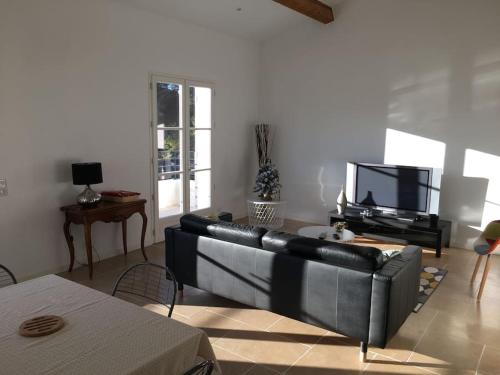 a living room with a couch and a tv at Cassis Presqu'Ile Calanques 2 pièces neuf, 50 m2 in Cassis