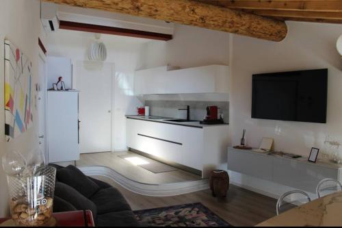 uma sala de estar com um sofá e uma televisão em La Casa di Satèn - Appartamento in Franciacorta em Erbusco