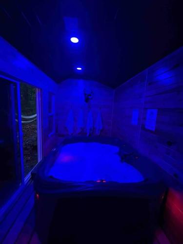 a dark room with a tub with blue lights at Pocono Mountain Retreat with Hot Tun and Sauna in Greentown