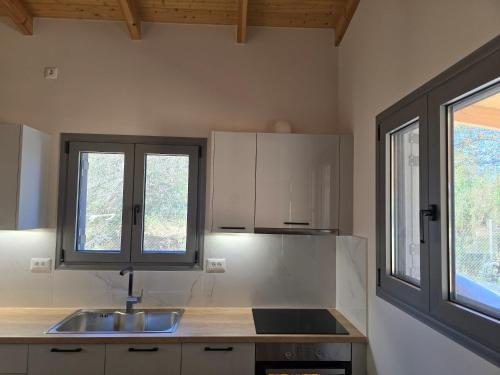 a kitchen with a sink and two windows at Vaïana in Frangoulaíika