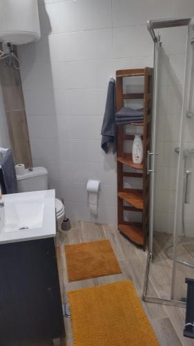 a bathroom with a sink and a shower at Studio Rocha Carvoeiro- Open Space in Carvoeiro
