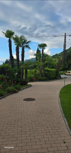a walkway with palm trees in a park at Bissone Apartment in Bissone