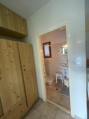 a bathroom with a toilet and a sink and a tub at Vasilikos Apartments in Paralia Agias Foteinis