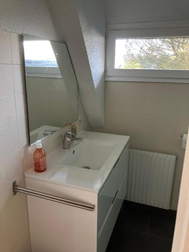 une salle de bain avec un lavabo et un miroir dans l'établissement Belle maison au bord de la mer, à Combrit