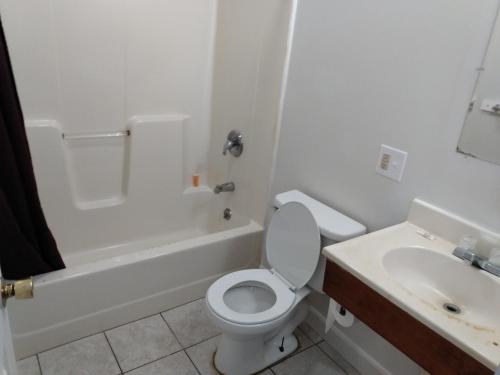 a white bathroom with a toilet and a sink at Eldorado Motel, New Castle in New Castle