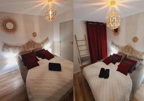 two pictures of a bedroom with two beds and chandeliers at PrivateSpa Love Room Jacuzzi Privatif in Toulouse