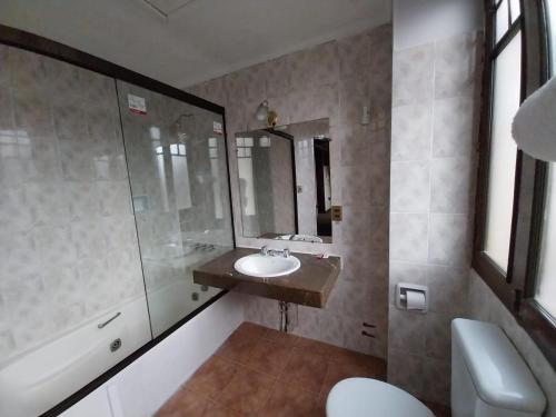 La salle de bains est pourvue d'un lavabo, d'un miroir et de toilettes. dans l'établissement Paola Hostal, à Sucre