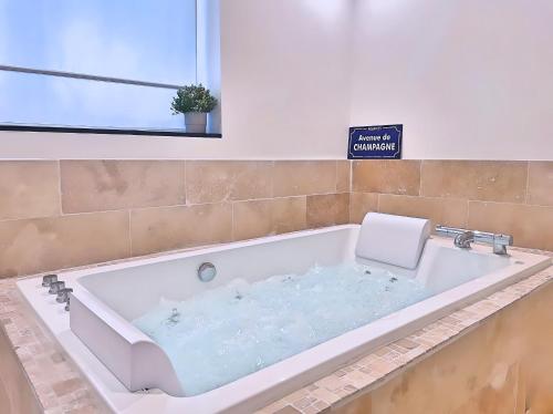 een badkamer met een bad gevuld met water bij Les fauvettes - Centre ville in Épernay