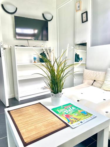 - un salon avec une table et une plante en pot dans l'établissement Sur les toits de Versailles, à Versailles