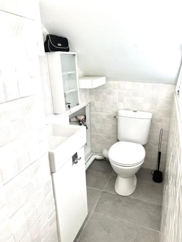 une salle de bain blanche avec des toilettes et un lavabo dans l'établissement Sur les toits de Versailles, à Versailles