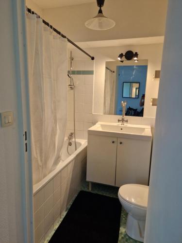 La salle de bains est pourvue d'un lavabo, d'une baignoire et de toilettes. dans l'établissement Appartement avec vue sur le lez, à Montpellier