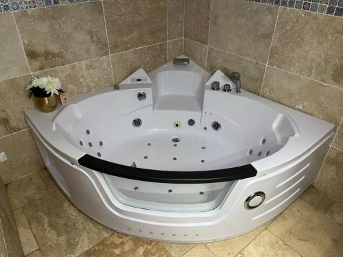 La salle de bains est pourvue d'une baignoire blanche. dans l'établissement Villa Johana, à Aucamville