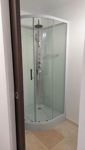 une douche avec une porte vitrée dans une salle de bain dans l'établissement Appartement Kalysté, à Pietracorbara