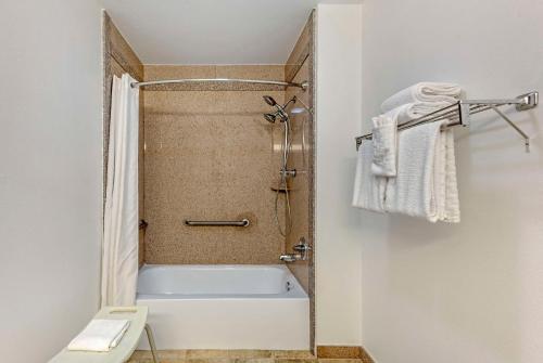 La salle de bains est pourvue d'une douche et d'une baignoire blanche. dans l'établissement Best Western Brenham, à Brenham