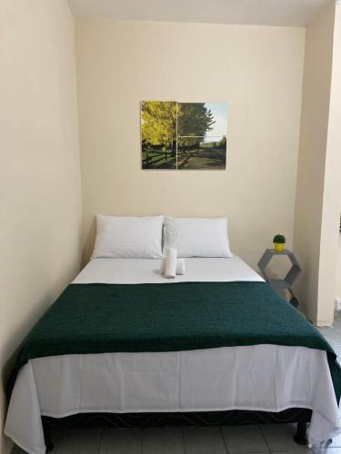 a bedroom with a large bed with a green blanket at Pousada Casa Mar Pajuçara in Maceió