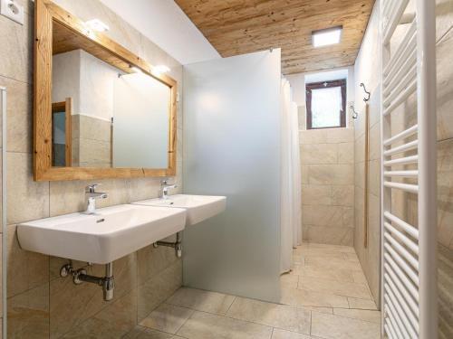 La salle de bains est pourvue d'un lavabo, d'un miroir et d'une douche. dans l'établissement Alpin Hideaway XL, à Wörgl