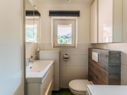 a bathroom with a sink and a toilet and a window at Vesna S Home in Öblarn