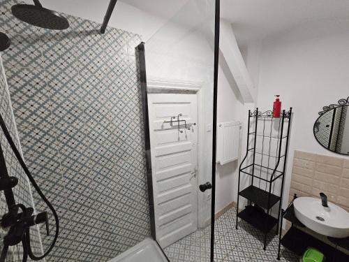 a bathroom with a shower with a toilet and a sink at Private room at Ceausescu's place in Old City Unirii Square in Bucharest
