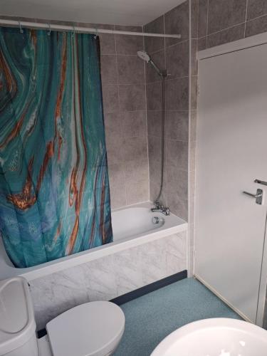 a bathroom with a toilet and a shower curtain at Nina's Cozy Lodge in Wigan
