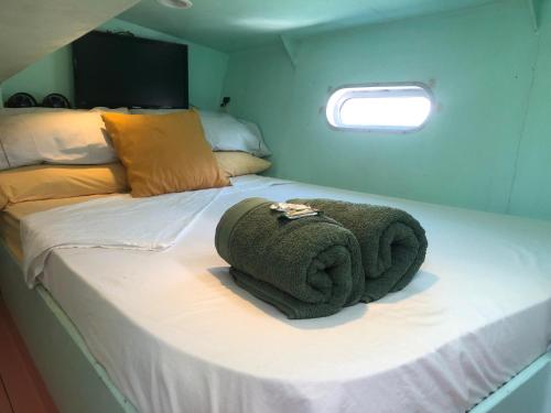 Uma cama ou camas num quarto em Velero Maverick hospedagem flutuante Centro Historico
